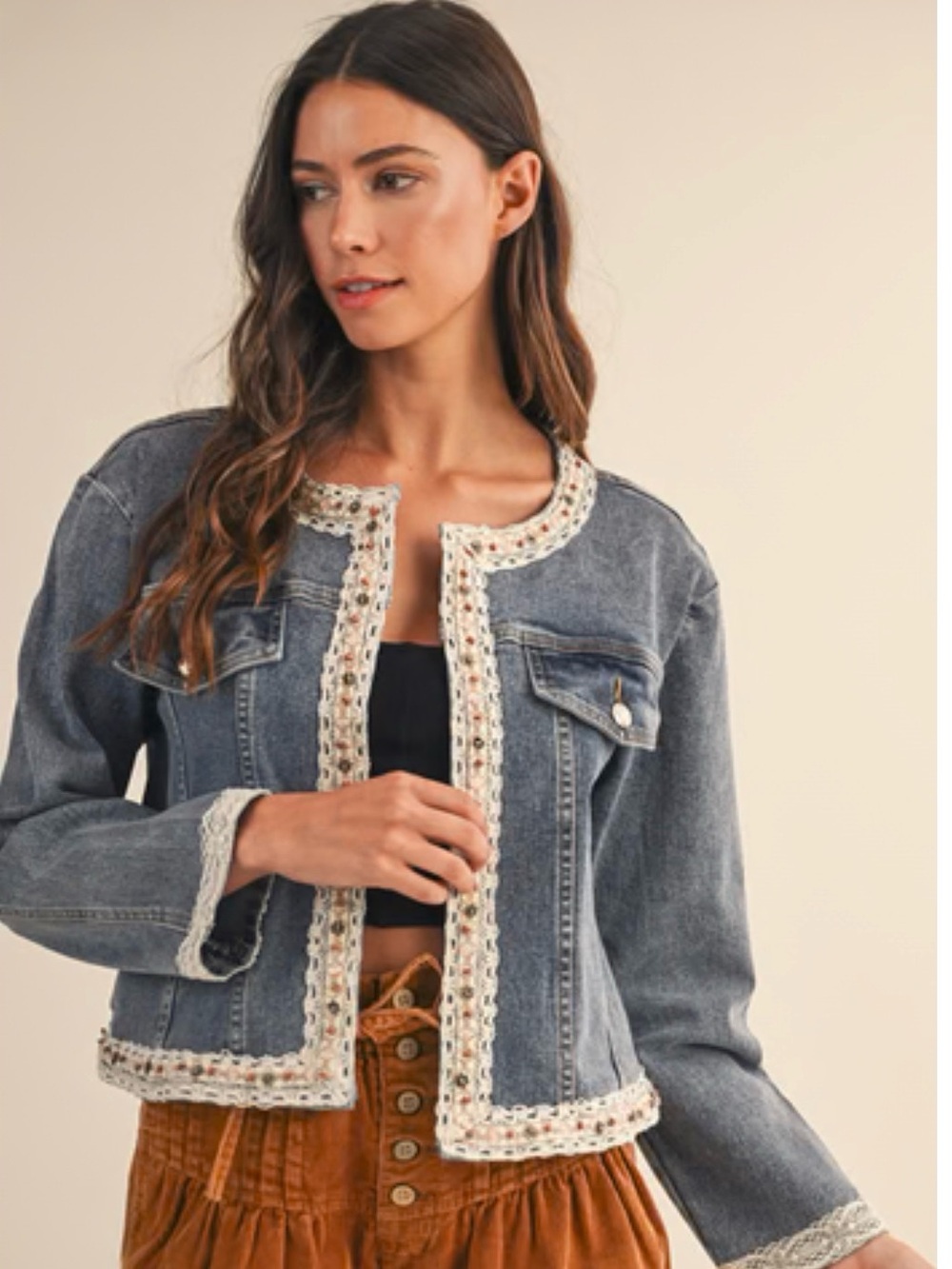NWT Anniewear Lace Trim Denim Jacket Small Boho Crochet Open Front